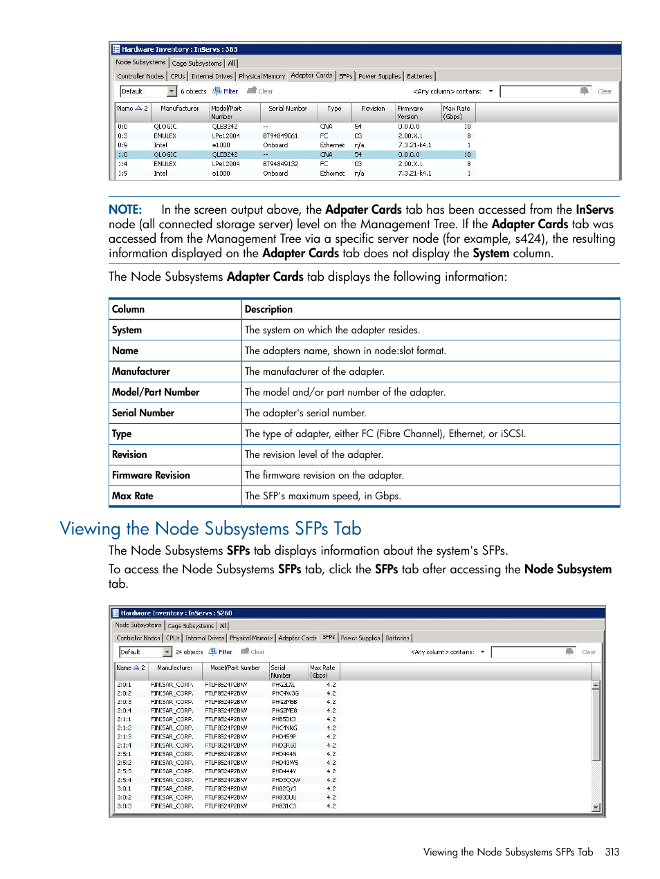 Viewing the node subsystems sfps tab | HP 3PAR Operating System Software User Manual | Page 313 / 328