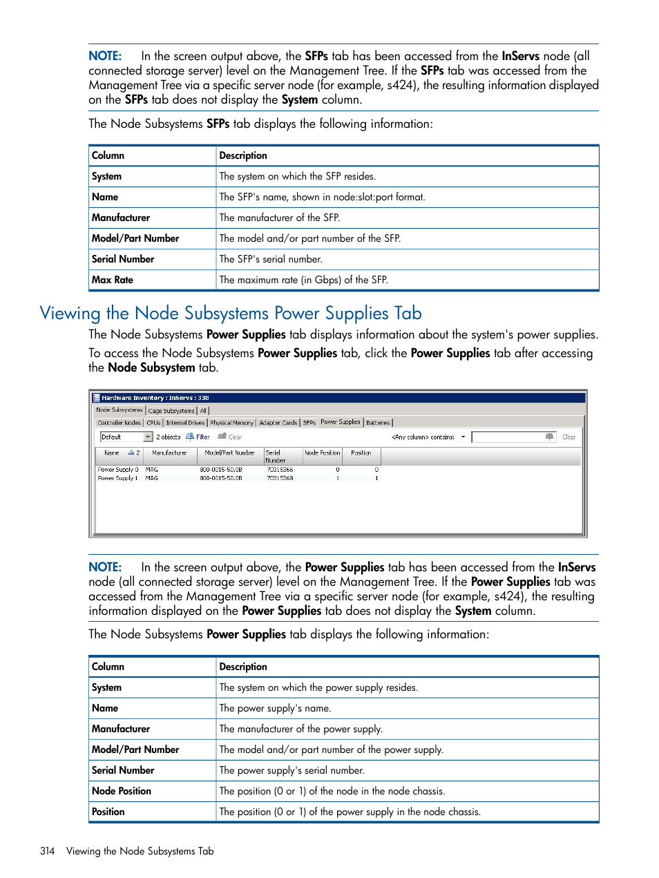 Viewing the node subsystems power supplies tab | HP 3PAR Operating System Software User Manual | Page 314 / 328