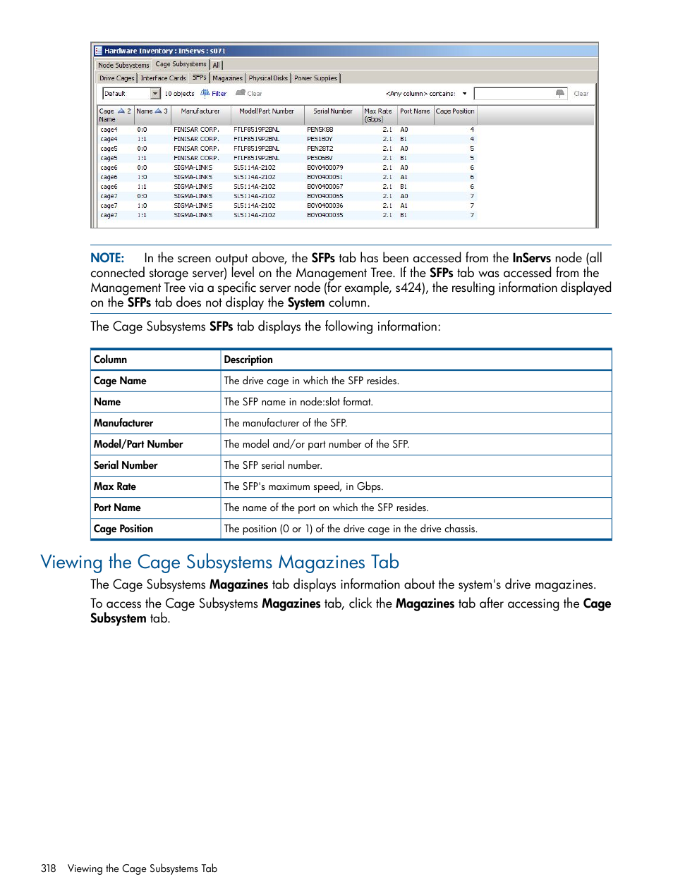 Viewing the cage subsystems magazines tab | HP 3PAR Operating System Software User Manual | Page 318 / 328