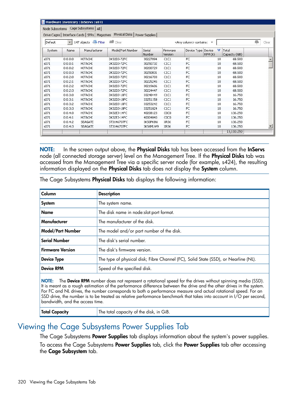 Viewing the cage subsystems power supplies tab | HP 3PAR Operating System Software User Manual | Page 320 / 328