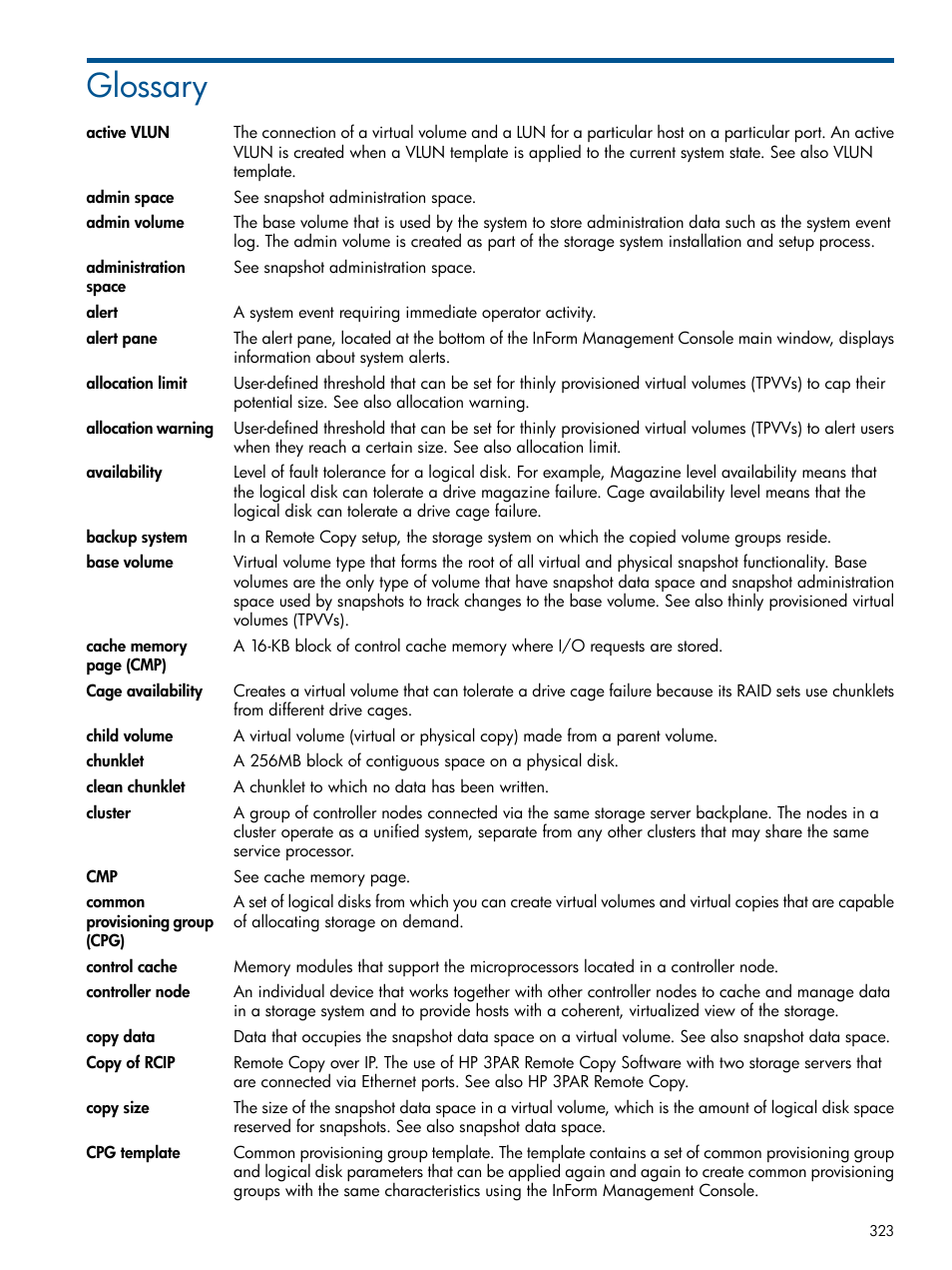 Glossary | HP 3PAR Operating System Software User Manual | Page 323 / 328