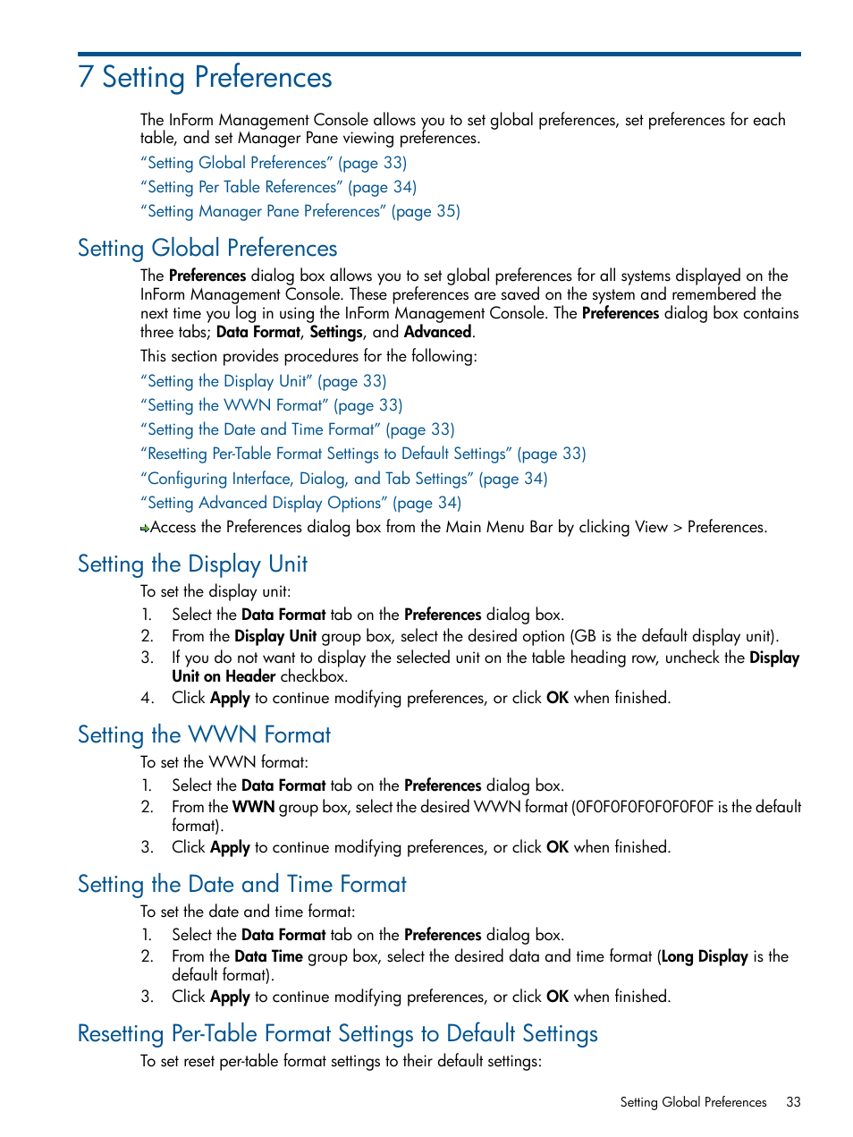 7 setting preferences, Setting global preferences, Setting the display unit | Setting the wwn format, Setting the date and time format | HP 3PAR Operating System Software User Manual | Page 33 / 328