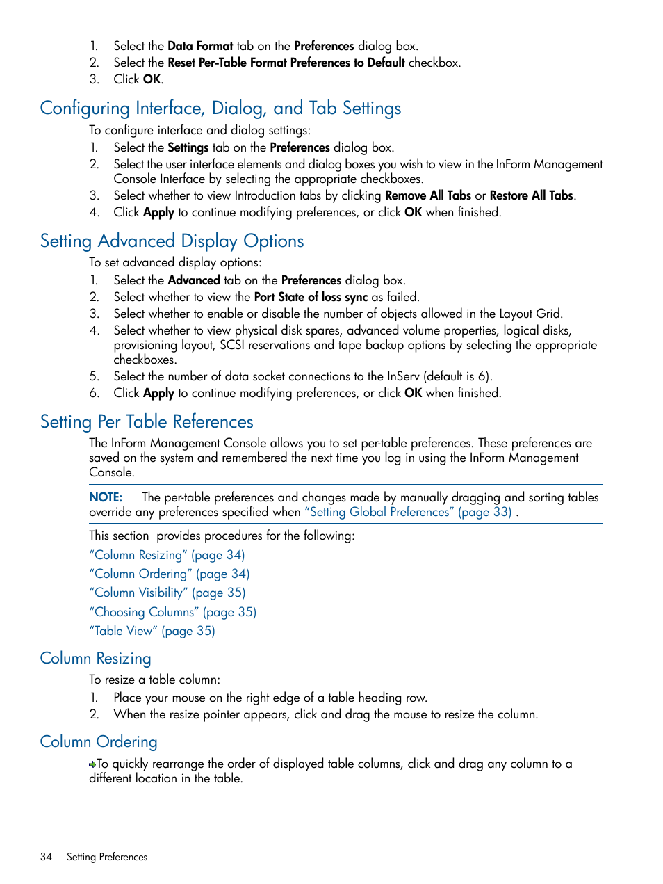 Configuring interface, dialog, and tab settings, Setting advanced display options, Setting per table references | Column resizing, Column ordering, Column resizing column ordering | HP 3PAR Operating System Software User Manual | Page 34 / 328