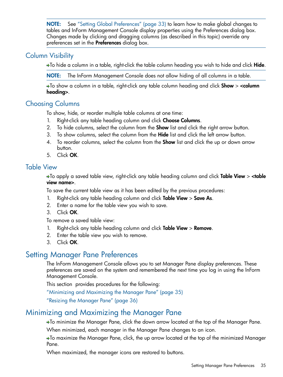 Column visibility, Choosing columns, Table view | Setting manager pane preferences, Minimizing and maximizing the manager pane, Choosing columns table view | HP 3PAR Operating System Software User Manual | Page 35 / 328