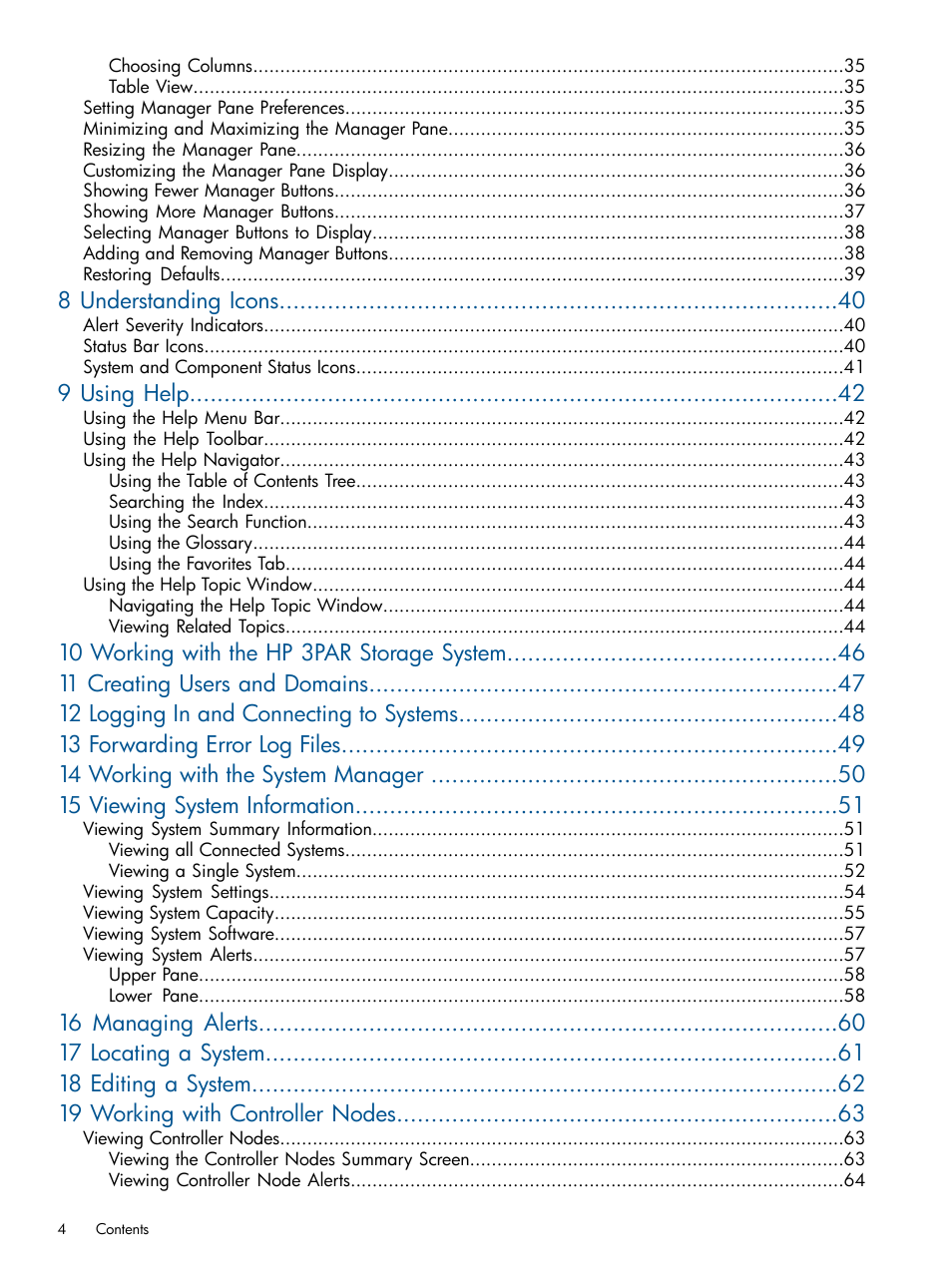 8 understanding icons, 9 using help | HP 3PAR Operating System Software User Manual | Page 4 / 328