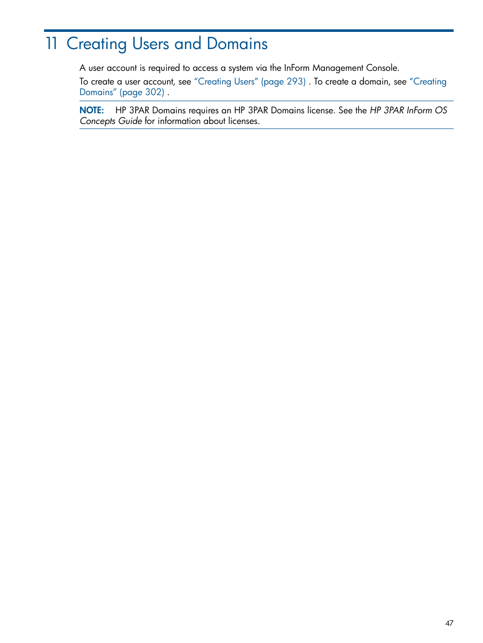 11 creating users and domains | HP 3PAR Operating System Software User Manual | Page 47 / 328