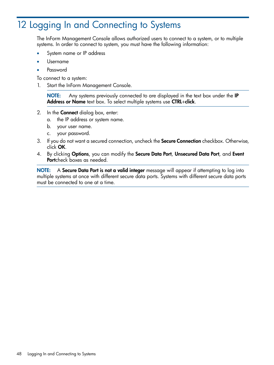 12 logging in and connecting to systems | HP 3PAR Operating System Software User Manual | Page 48 / 328