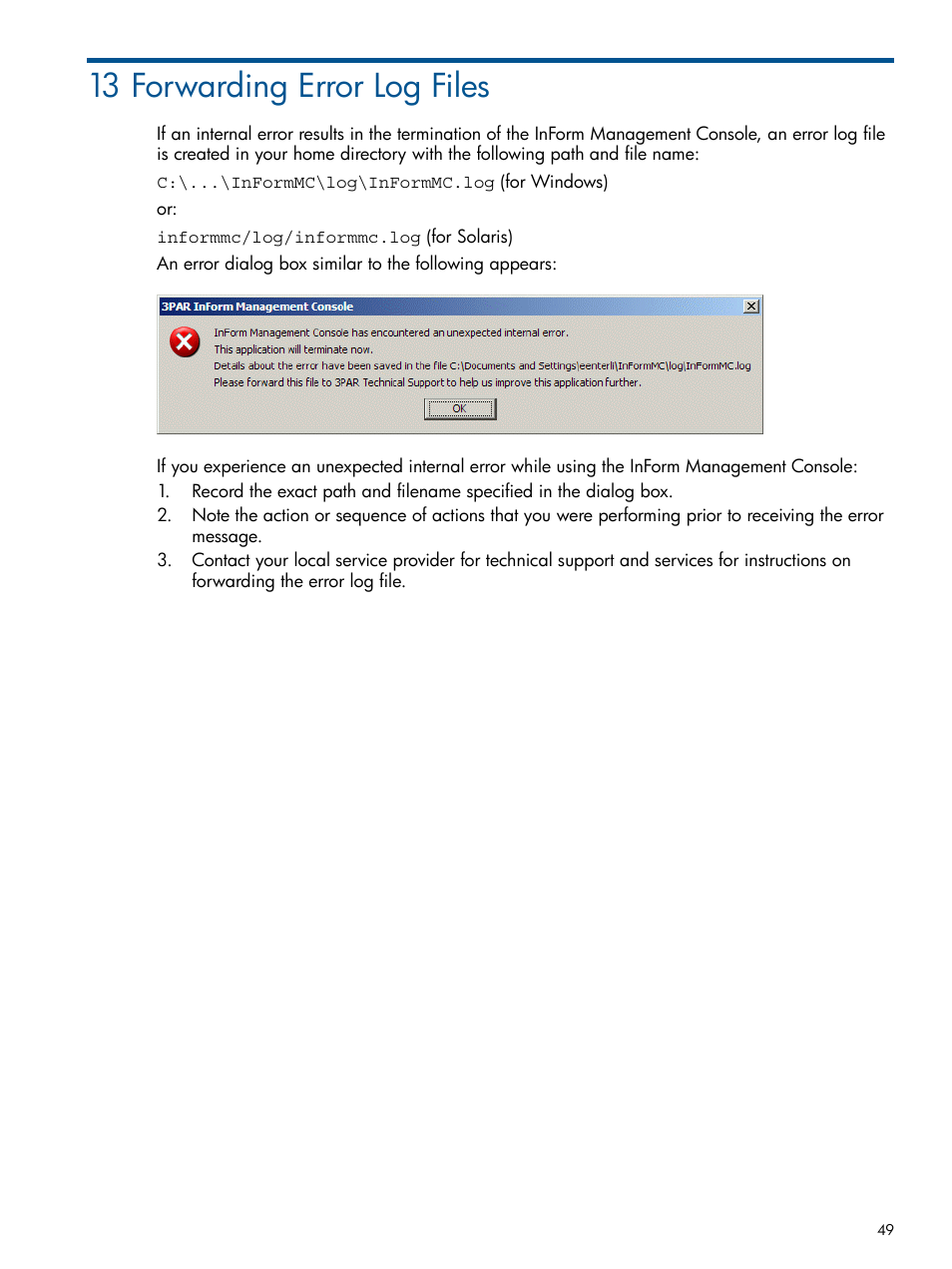 13 forwarding error log files | HP 3PAR Operating System Software User Manual | Page 49 / 328