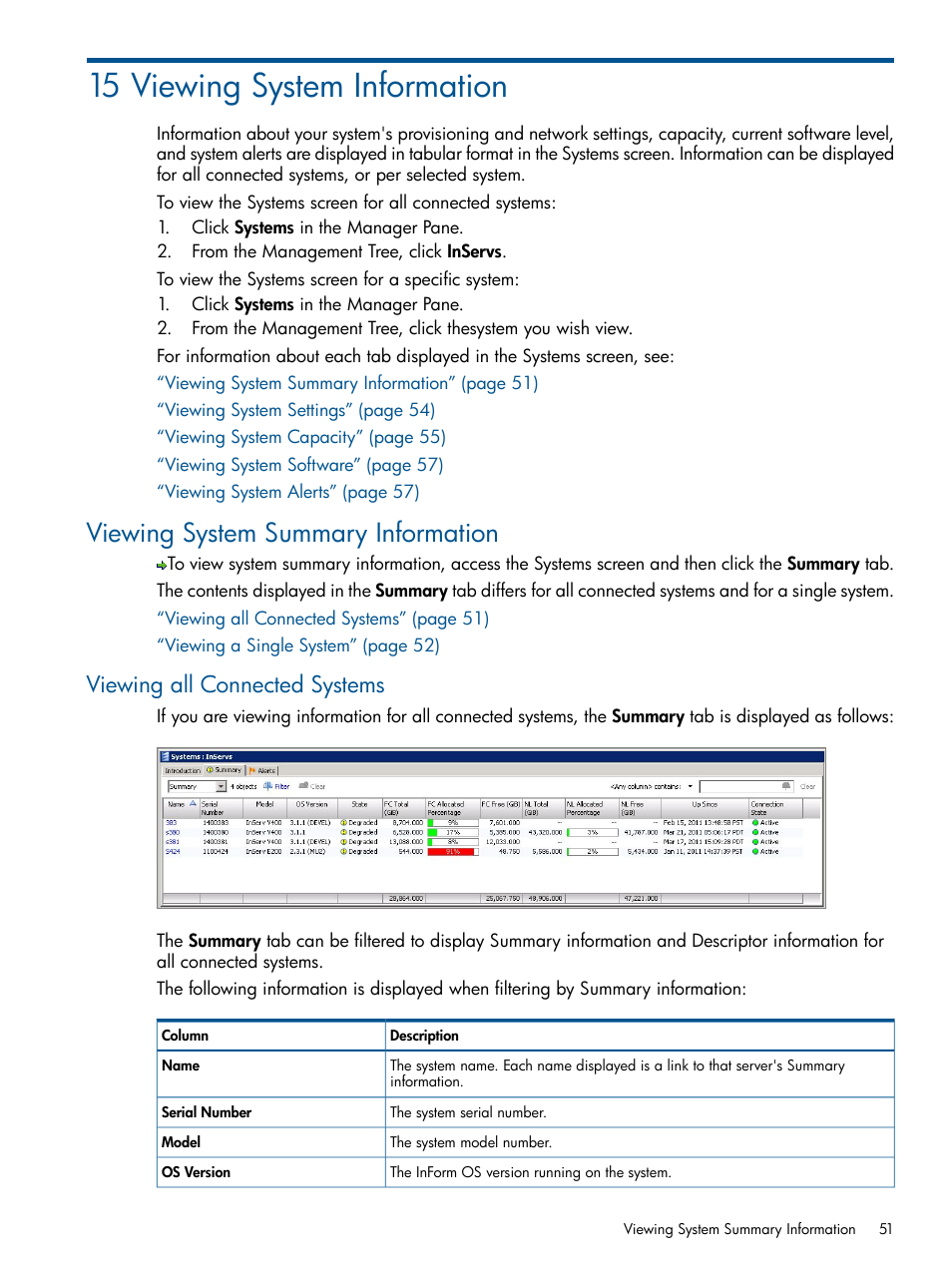 15 viewing system information, Viewing system summary information, Viewing all connected systems | HP 3PAR Operating System Software User Manual | Page 51 / 328