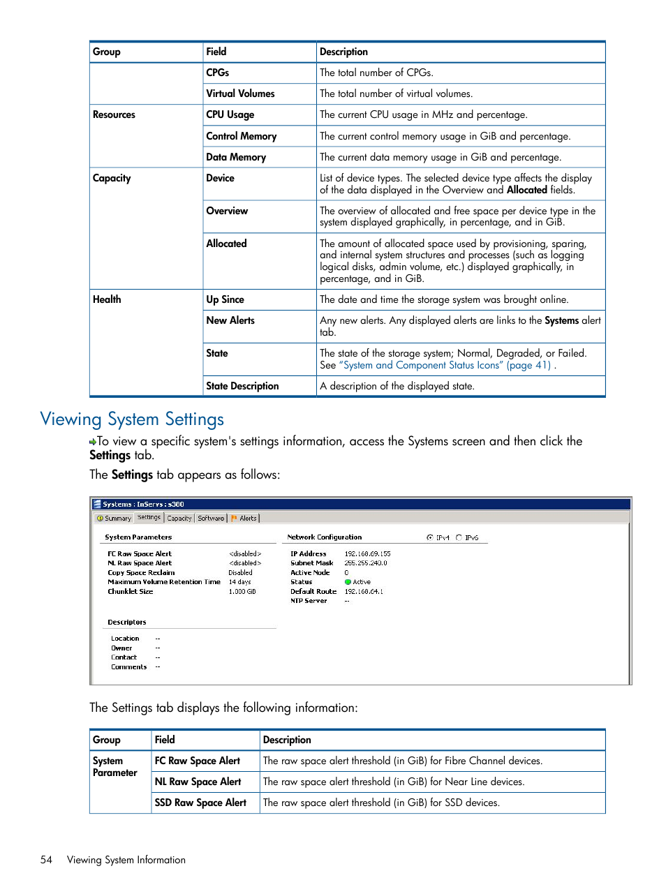 Viewing system settings | HP 3PAR Operating System Software User Manual | Page 54 / 328