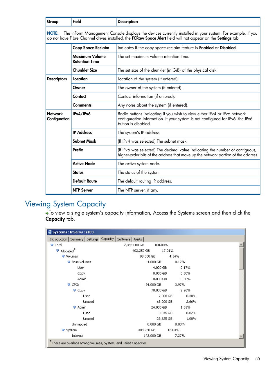 Viewing system capacity | HP 3PAR Operating System Software User Manual | Page 55 / 328