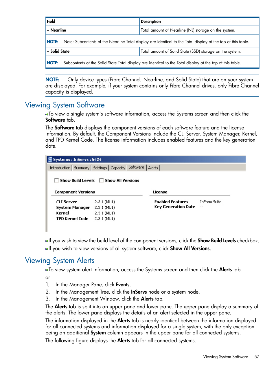 Viewing system software, Viewing system alerts, Viewing system software viewing system alerts | HP 3PAR Operating System Software User Manual | Page 57 / 328