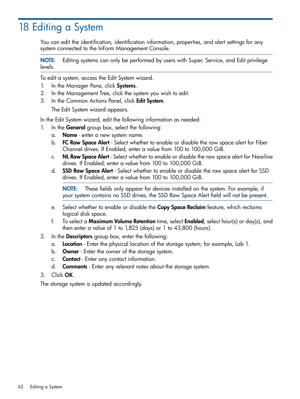 18 editing a system | HP 3PAR Operating System Software User Manual | Page 62 / 328