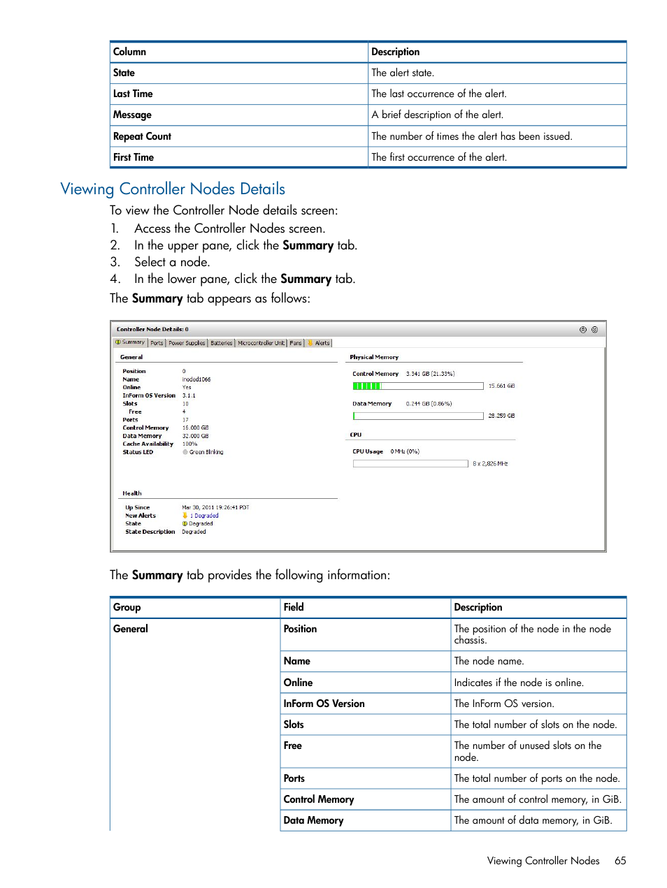 Viewing controller nodes details | HP 3PAR Operating System Software User Manual | Page 65 / 328