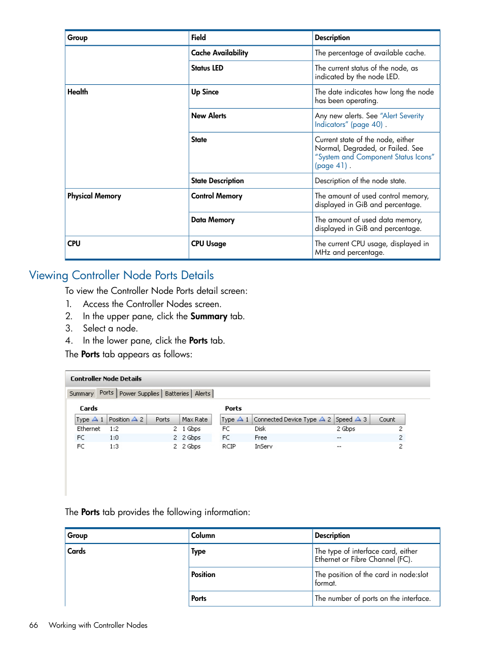 Viewing controller node ports details | HP 3PAR Operating System Software User Manual | Page 66 / 328