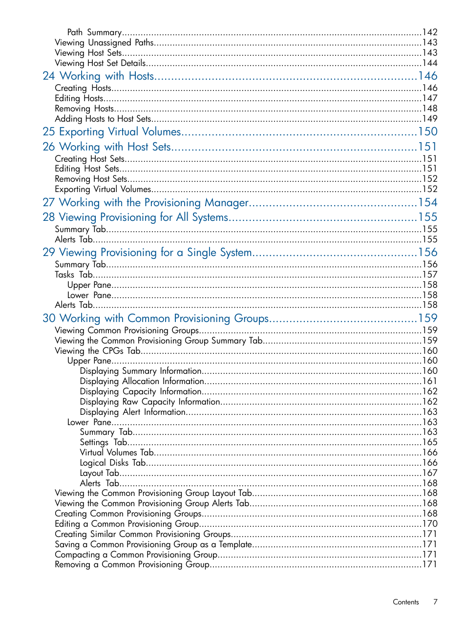 24 working with hosts, 29 viewing provisioning for a single system, 30 working with common provisioning groups | HP 3PAR Operating System Software User Manual | Page 7 / 328