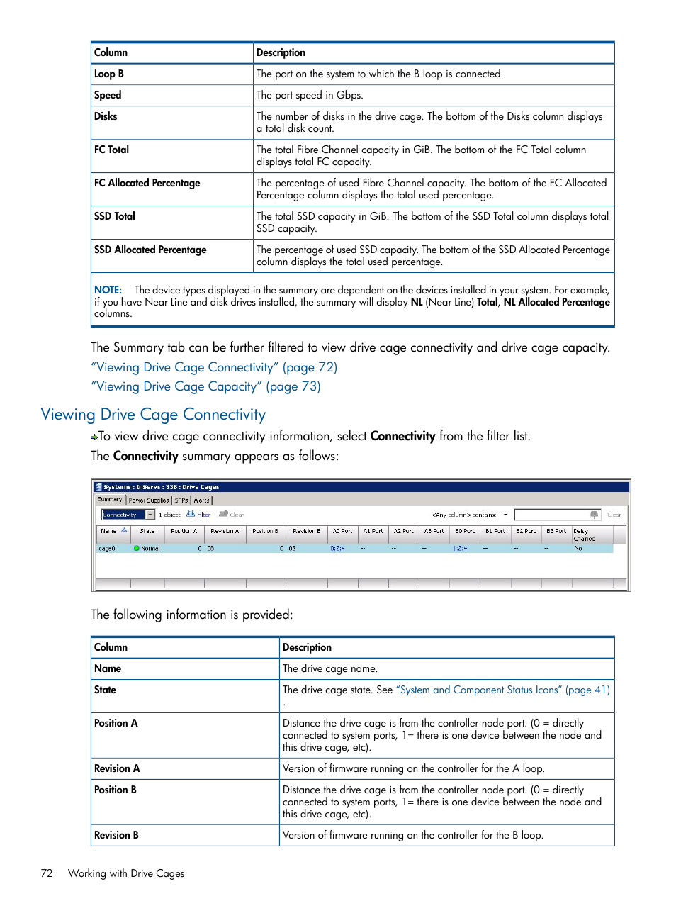 Viewing drive cage connectivity | HP 3PAR Operating System Software User Manual | Page 72 / 328