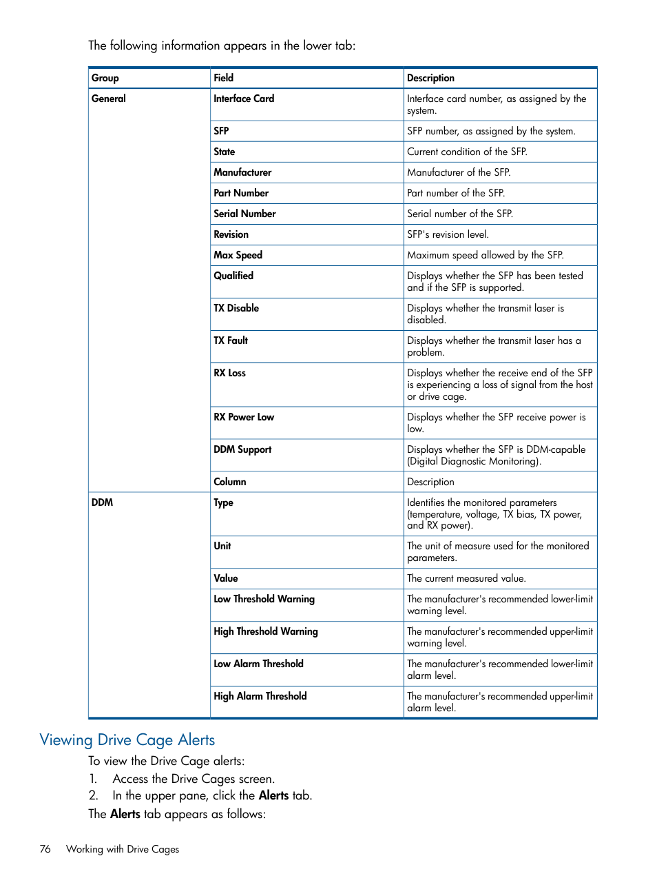 Viewing drive cage alerts | HP 3PAR Operating System Software User Manual | Page 76 / 328