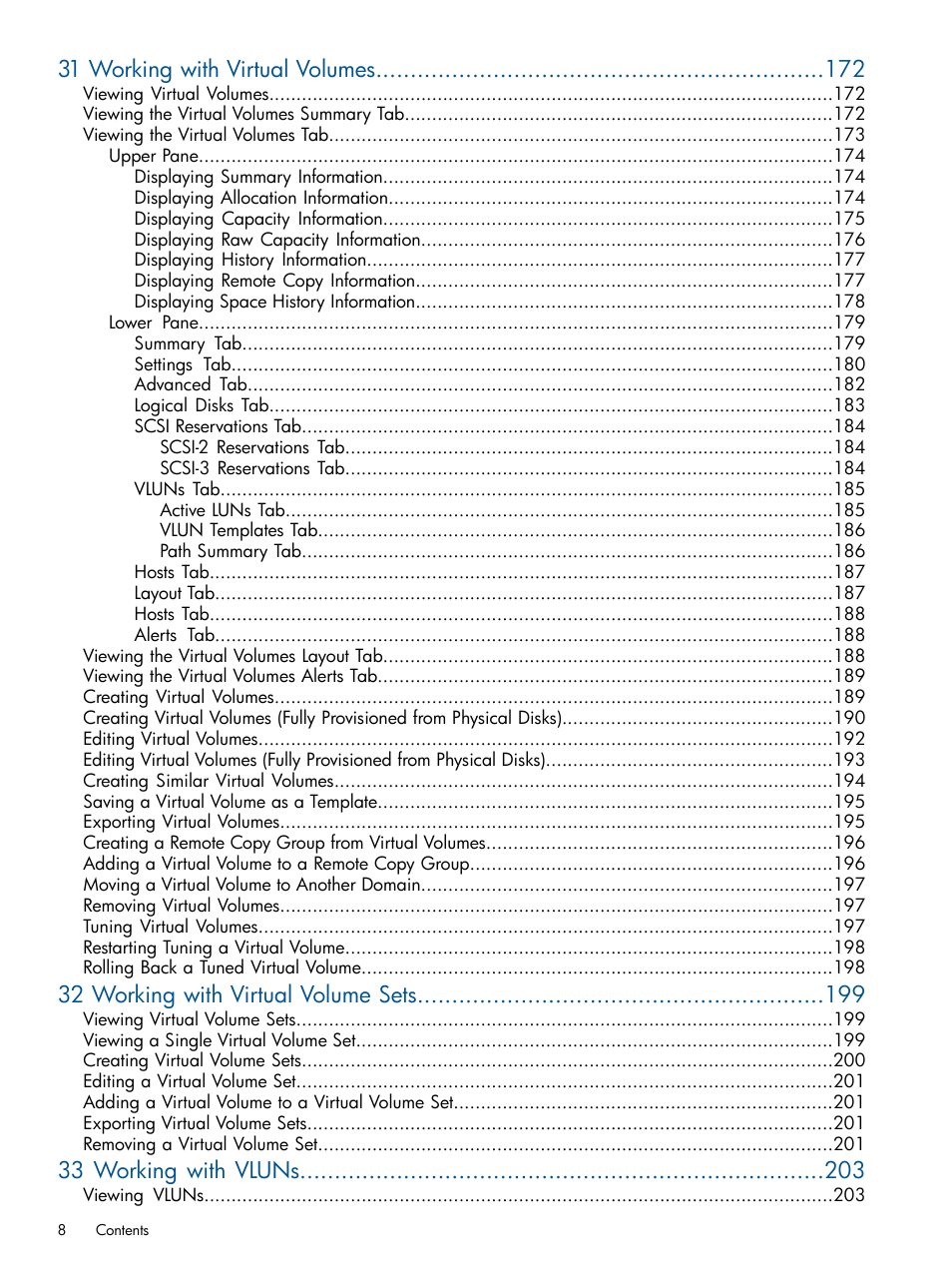 31 working with virtual volumes, 32 working with virtual volume sets, 33 working with vluns | HP 3PAR Operating System Software User Manual | Page 8 / 328