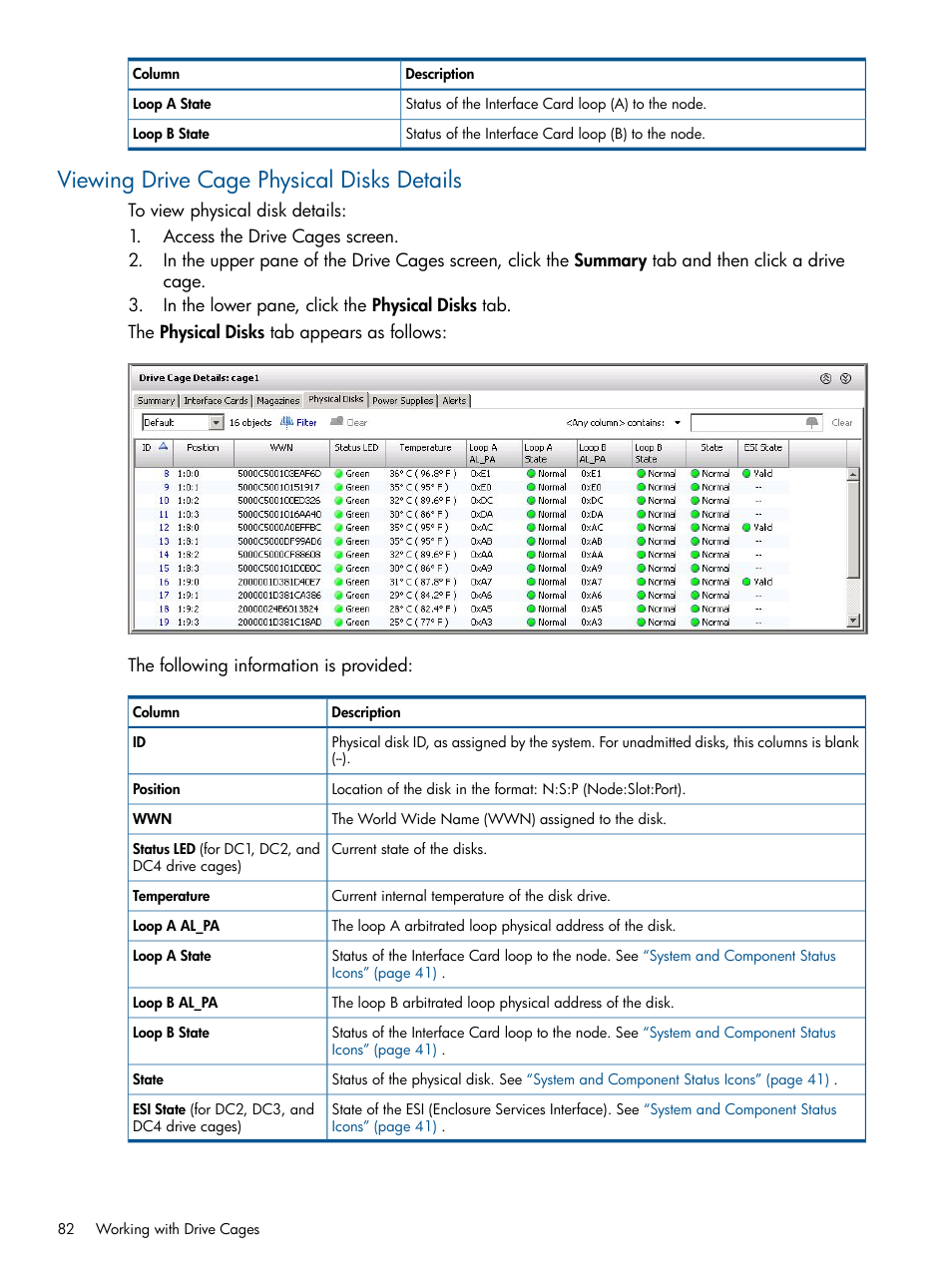 Viewing drive cage physical disks details | HP 3PAR Operating System Software User Manual | Page 82 / 328