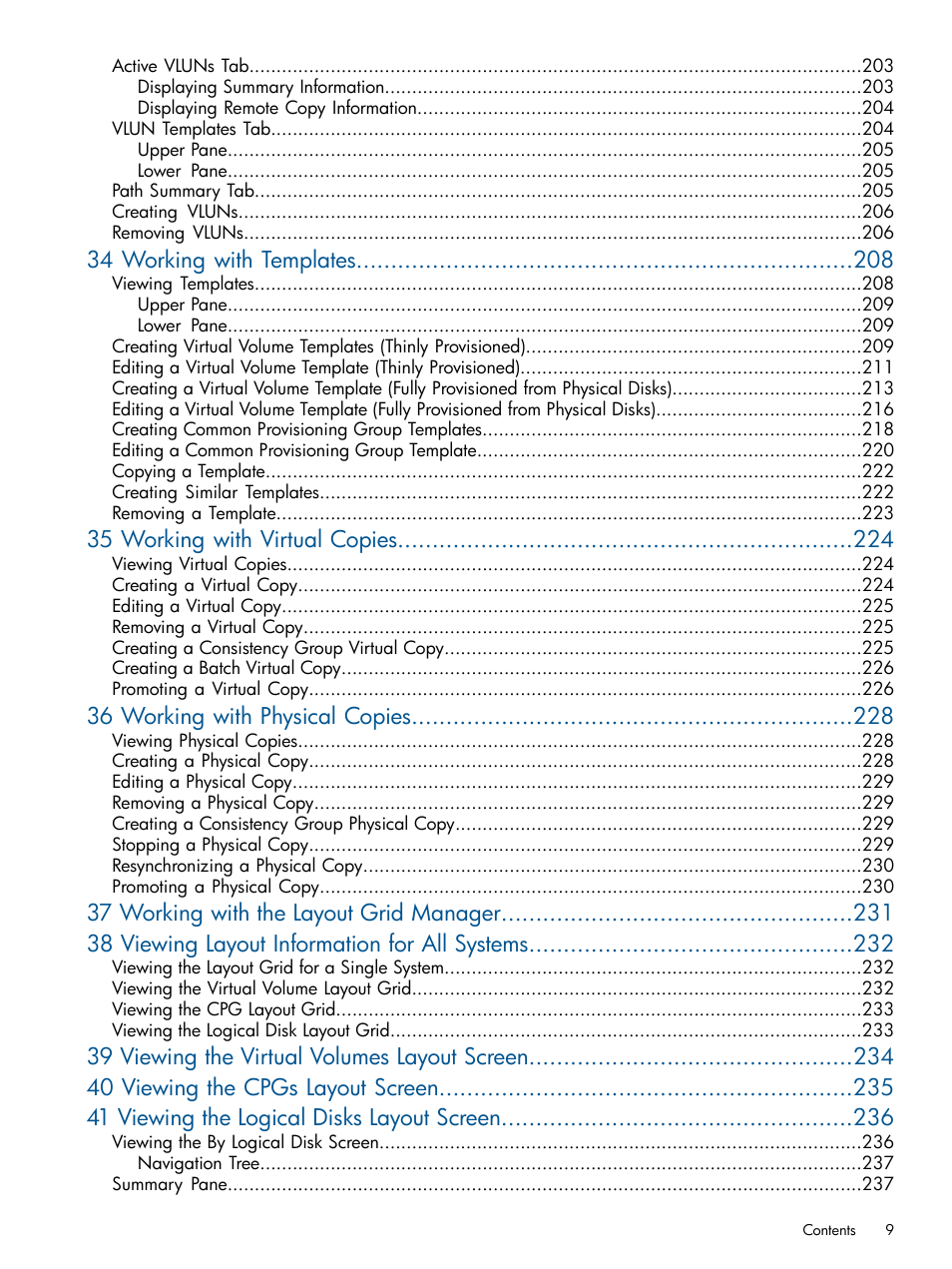 34 working with templates, 35 working with virtual copies, 36 working with physical copies | HP 3PAR Operating System Software User Manual | Page 9 / 328