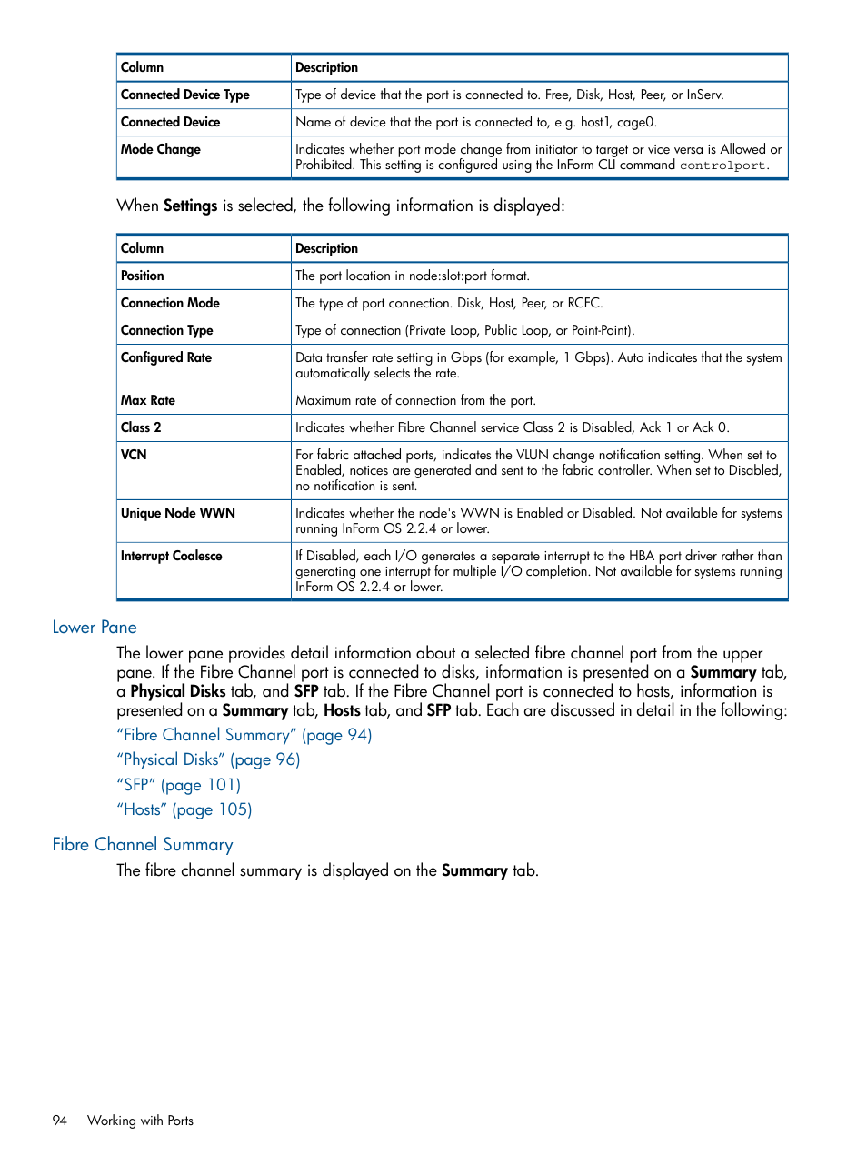 Lower pane, Fibre channel summary, Lower pane fibre channel summary | HP 3PAR Operating System Software User Manual | Page 94 / 328