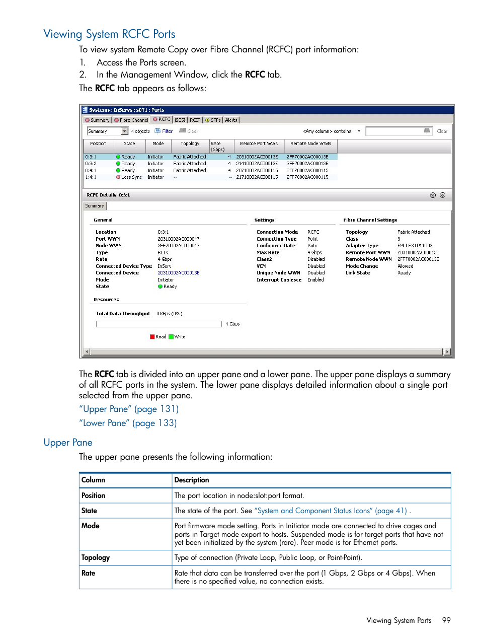 Viewing system rcfc ports, Upper pane | HP 3PAR Operating System Software User Manual | Page 99 / 328