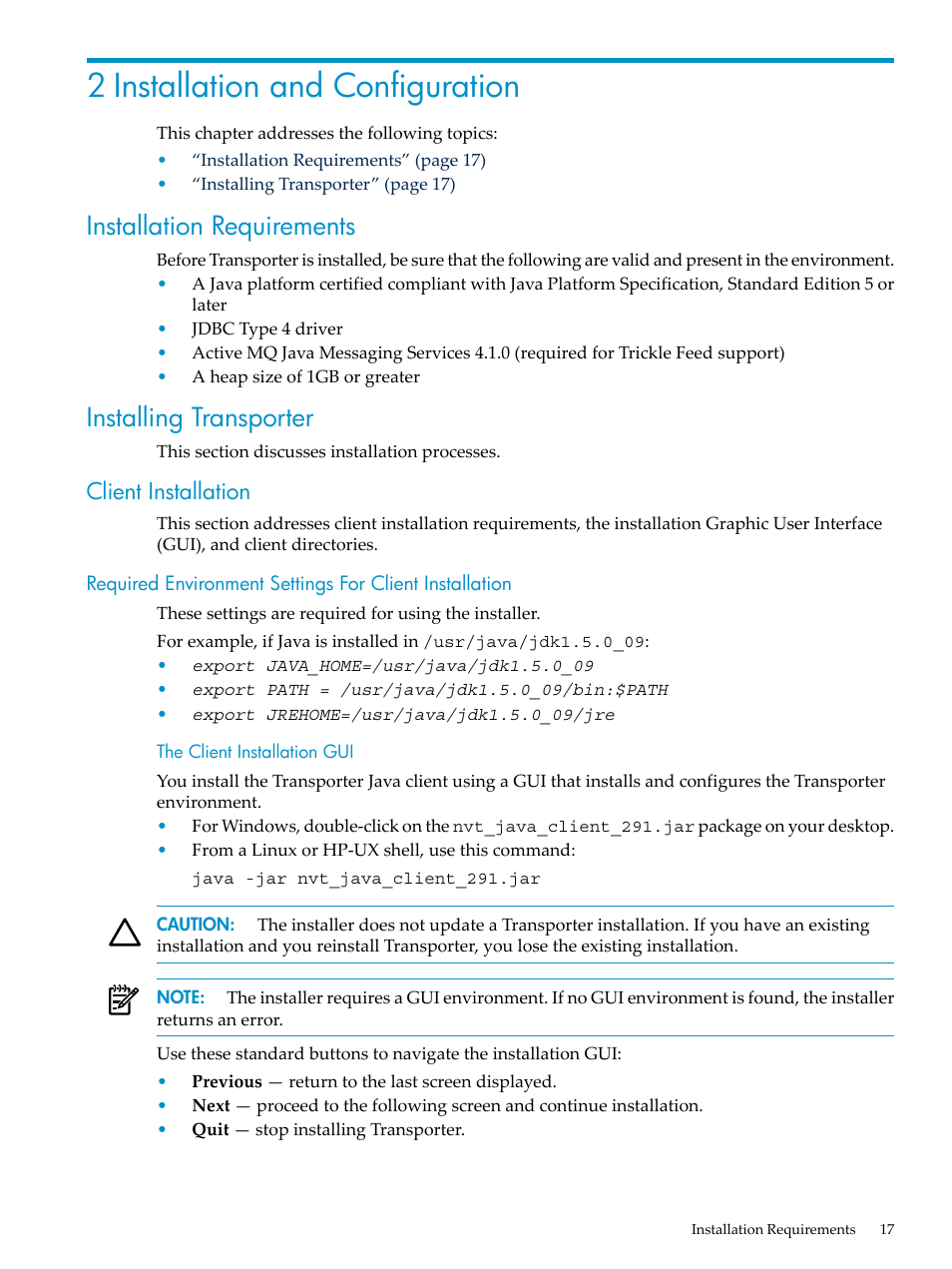 2 installation and configuration, Installation requirements, Installing transporter | Client installation, The client installation gui, Installation requirements installing transporter, Client | HP Neoview Release 2.3 Software User Manual | Page 17 / 110