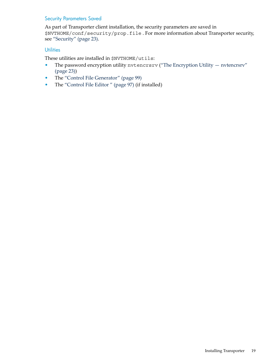 Security parameters saved, Utilities, Security parameters saved utilities | HP Neoview Release 2.3 Software User Manual | Page 19 / 110