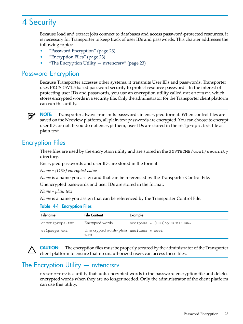 4 security, Password encryption, Encryption files | The encryption utility — nvtencrsrv | HP Neoview Release 2.3 Software User Manual | Page 23 / 110