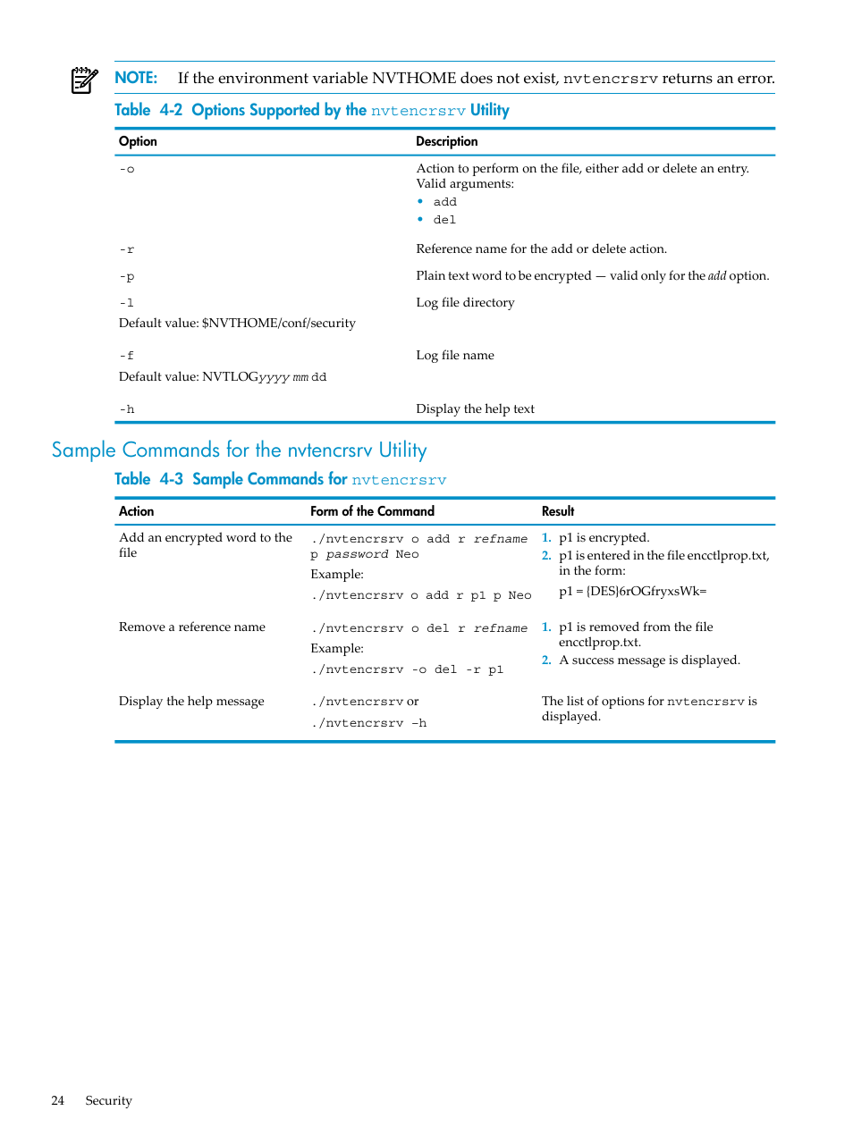 Sample commands for the nvtencrsrv utility, Options supported by the nvtencrsrv utility, Sample commands for nvtencrsrv | HP Neoview Release 2.3 Software User Manual | Page 24 / 110