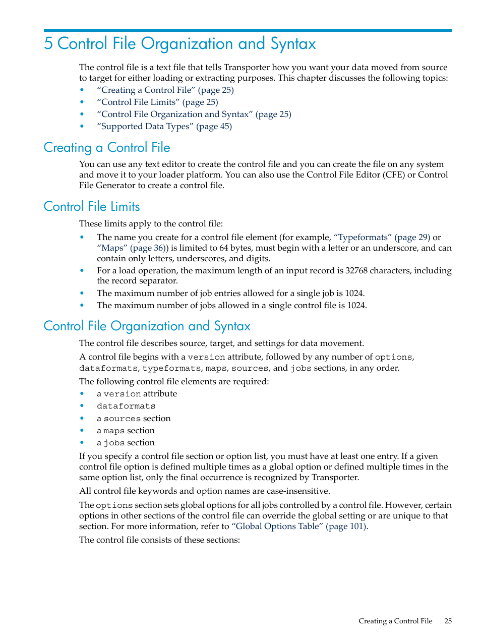 5 control file organization and syntax, Creating a control file, Control file limits | Control file organization and syntax | HP Neoview Release 2.3 Software User Manual | Page 25 / 110