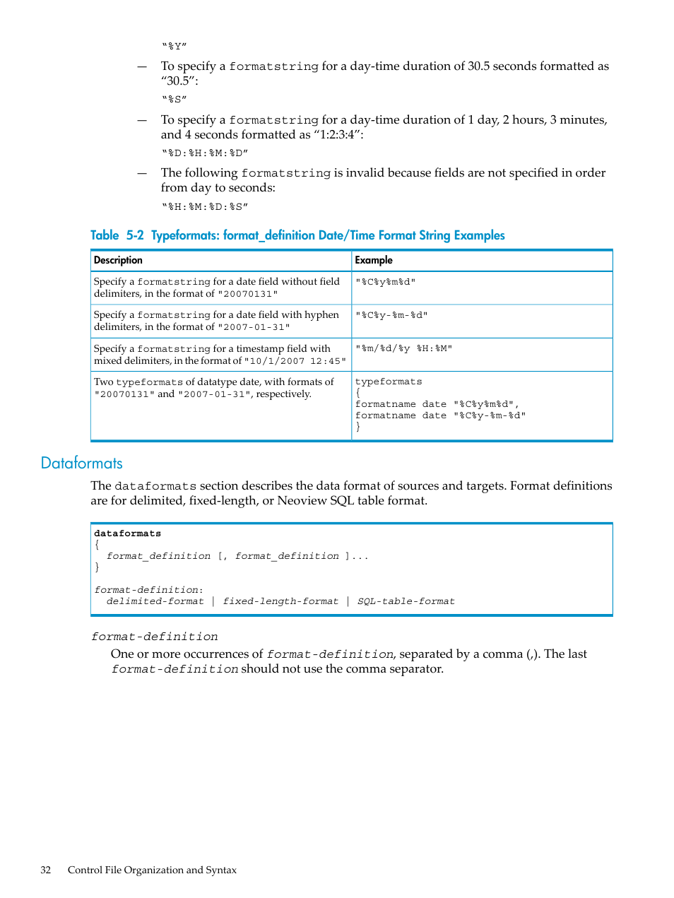 Dataformats | HP Neoview Release 2.3 Software User Manual | Page 32 / 110