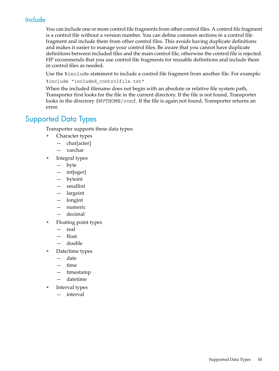 Include, Supported data types | HP Neoview Release 2.3 Software User Manual | Page 45 / 110