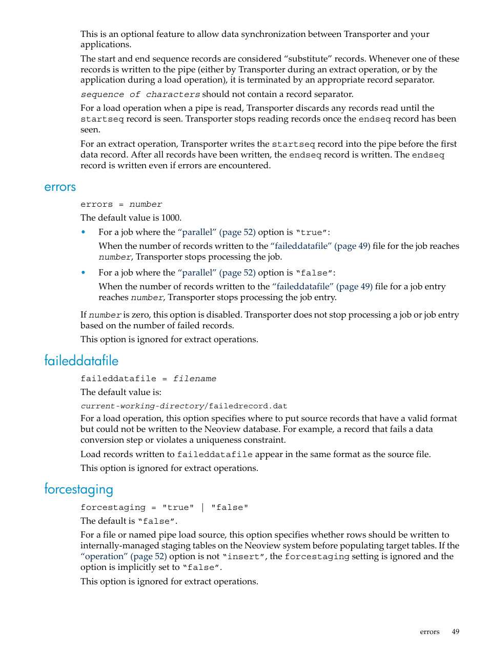 Errors, Faileddatafile, Forcestaging | Errors faileddatafile forcestaging | HP Neoview Release 2.3 Software User Manual | Page 49 / 110