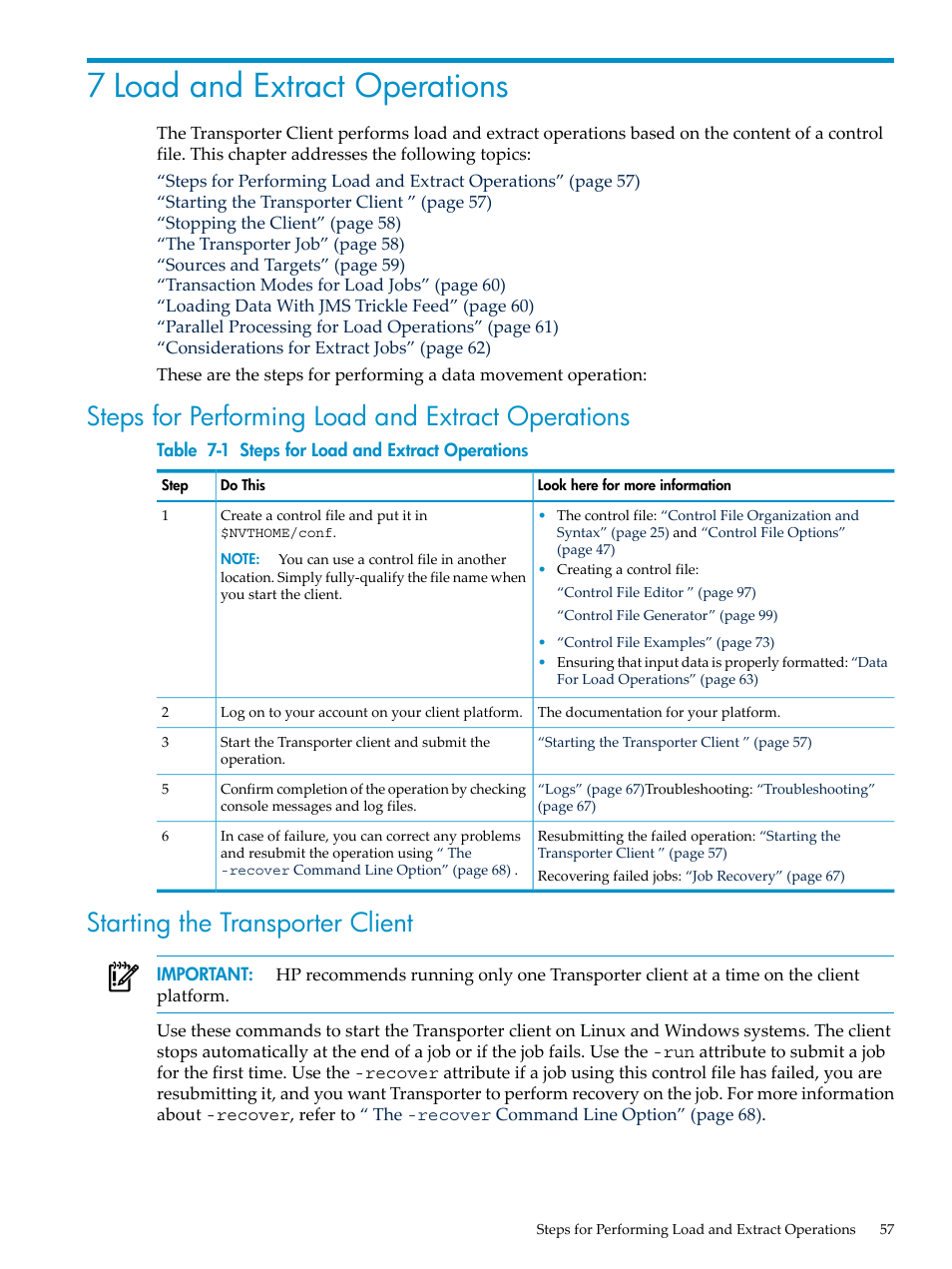 7 load and extract operations, Steps for performing load and extract operations, Starting the transporter client | Steps for load and extract operations | HP Neoview Release 2.3 Software User Manual | Page 57 / 110