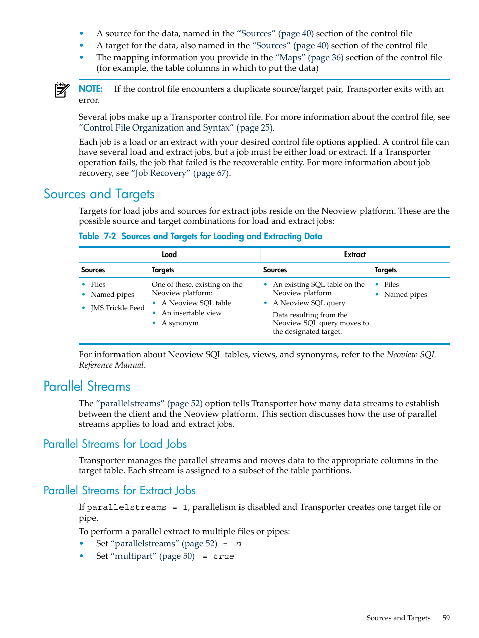 Sources and targets, Parallel streams, Parallel streams for load jobs | Parallel streams for extract jobs, Sources and targets parallel streams | HP Neoview Release 2.3 Software User Manual | Page 59 / 110