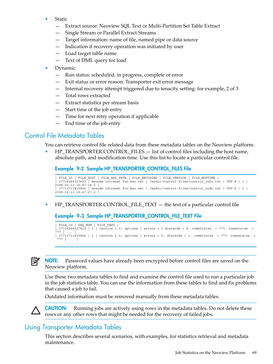 Control file metadata tables, Using transporter metadata tables, Sample hp_transporter_control_files file | Sample hp_transporter_control_file_text file | HP Neoview Release 2.3 Software User Manual | Page 69 / 110