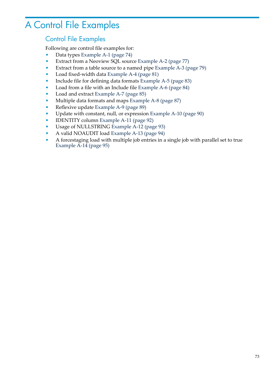 A control file examples, Control file examples | HP Neoview Release 2.3 Software User Manual | Page 73 / 110