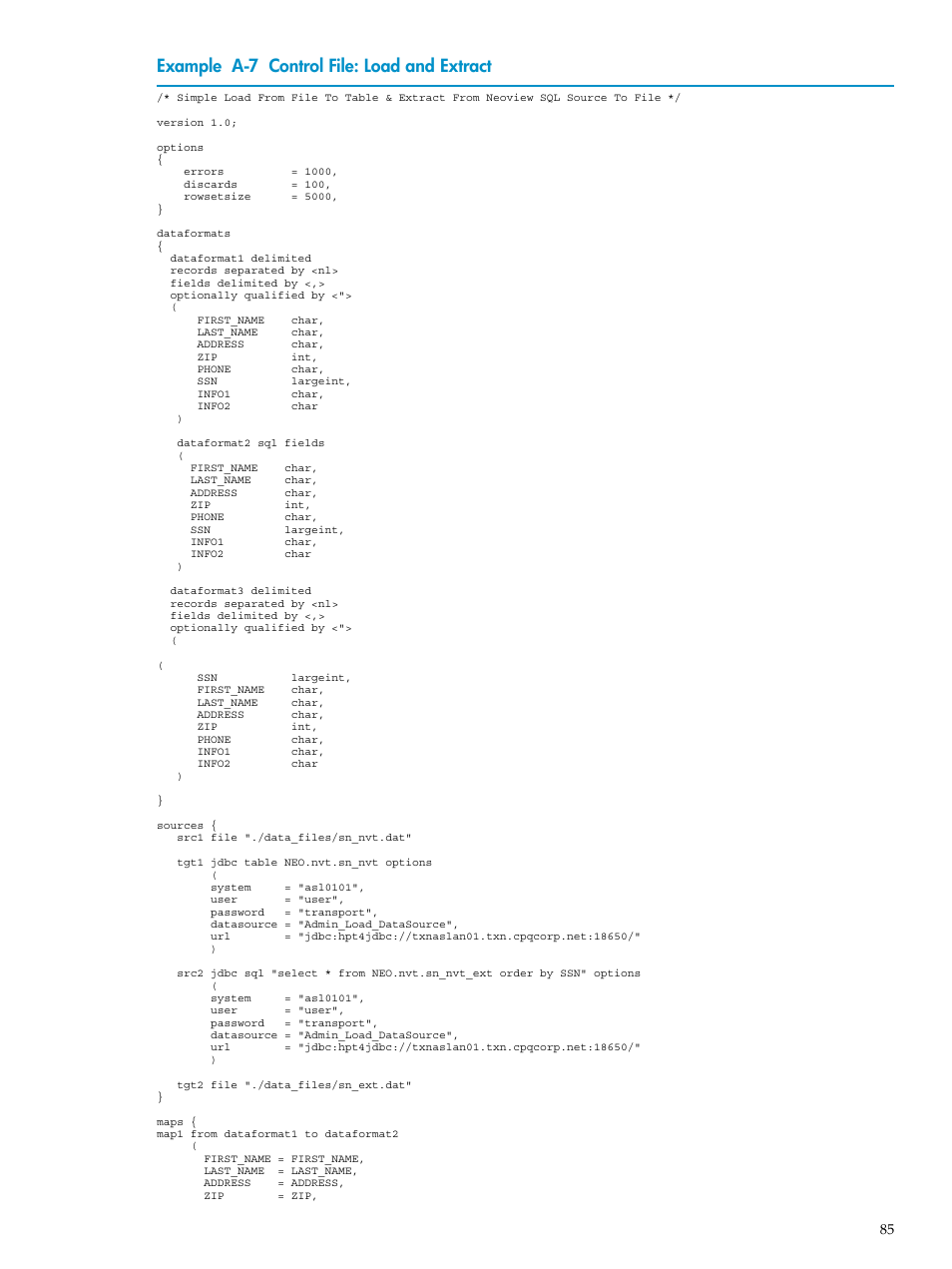 Control file: load and extract, Example a-7 control file: load and extract | HP Neoview Release 2.3 Software User Manual | Page 85 / 110