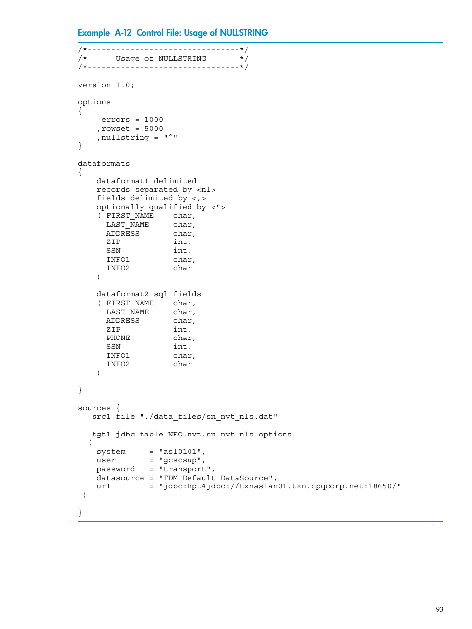 A-12, Control file: usage of nullstring | HP Neoview Release 2.3 Software User Manual | Page 93 / 110