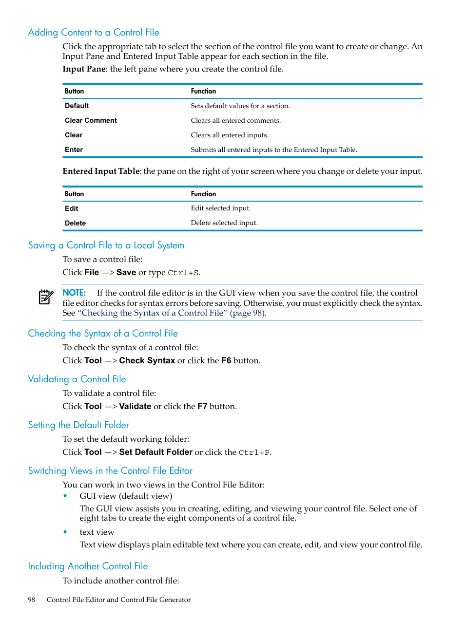 Adding content to a control file, Saving a control file to a local system, Checking the syntax of a control file | Validating a control file, Setting the default folder, Switching views in the control file editor, Including another control file | HP Neoview Release 2.3 Software User Manual | Page 98 / 110