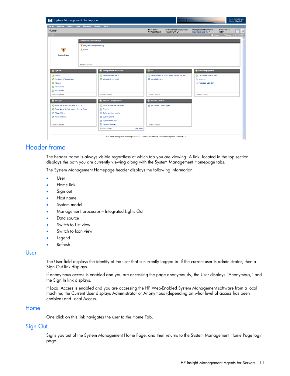 Header frame, User, Home | Sign out | HP Insight Management Agents User Manual | Page 11 / 99