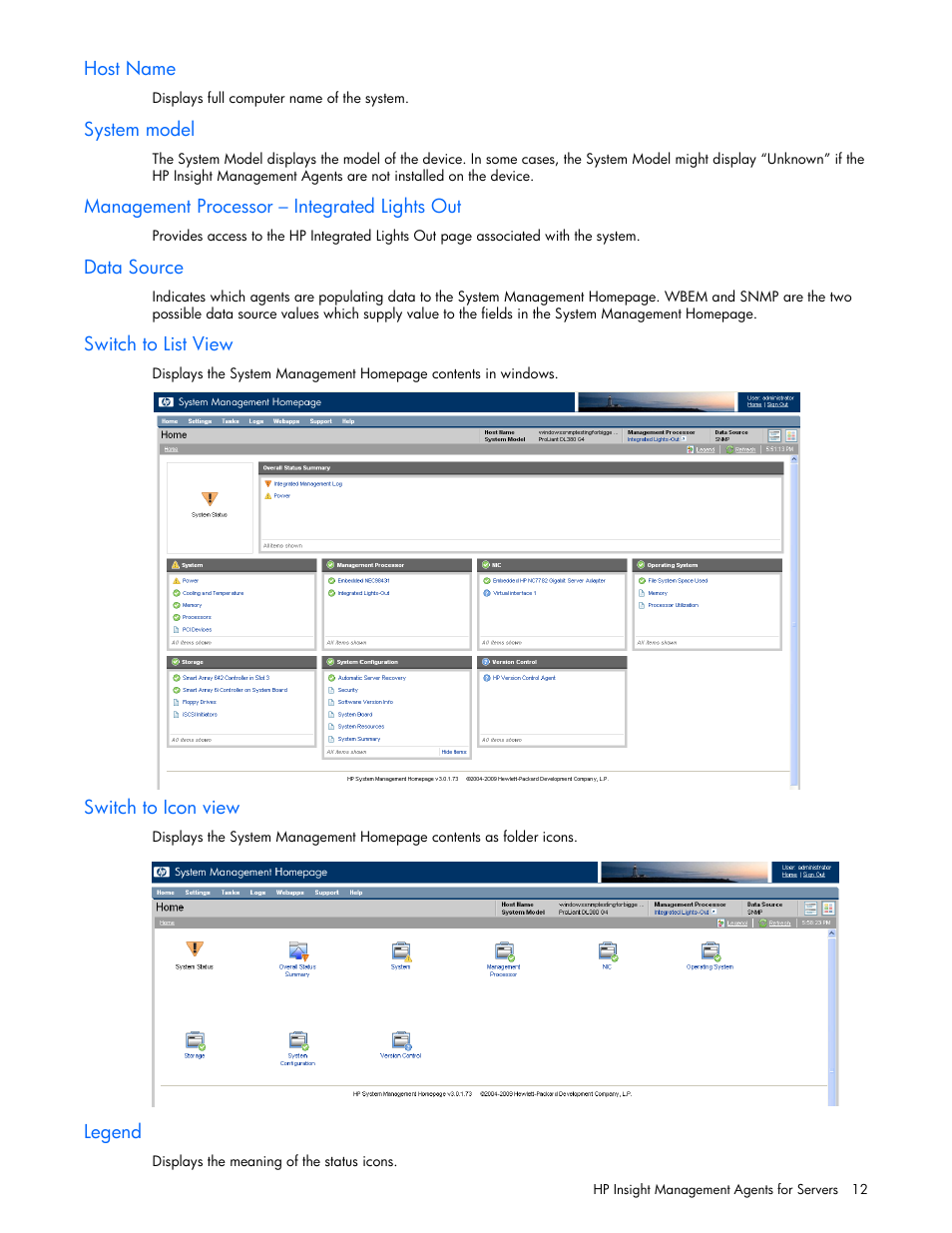 Host name, System model, Management processor – integrated lights out | Data source, Switch to list view, Switch to icon view, Legend | HP Insight Management Agents User Manual | Page 12 / 99