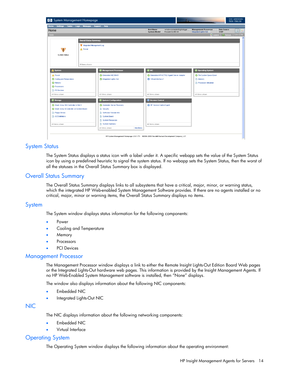 System status, Overall status summary, System | Management processor, Operating system | HP Insight Management Agents User Manual | Page 14 / 99