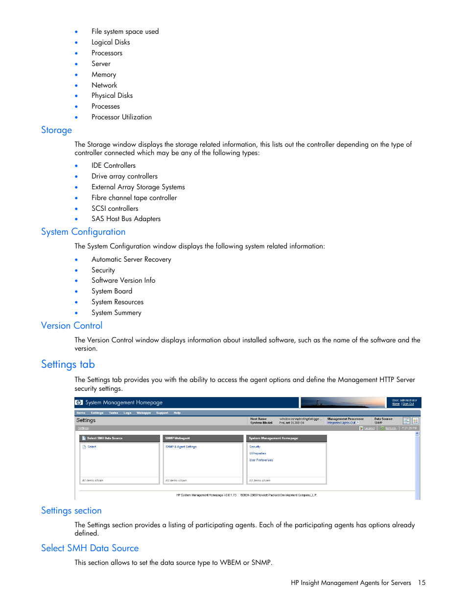 Storage, System configuration, Version control | Settings tab, Settings section, Select smh data source | HP Insight Management Agents User Manual | Page 15 / 99