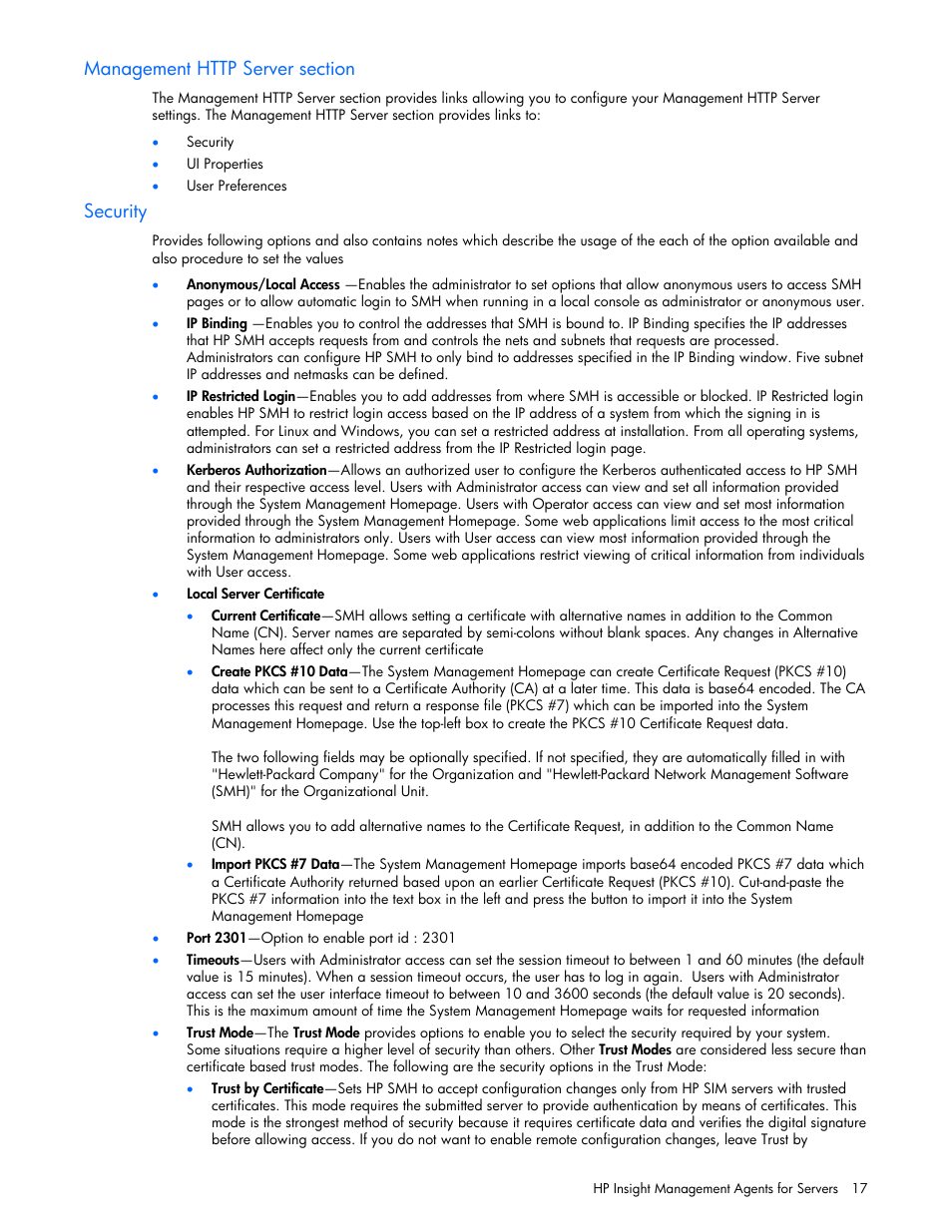 Management http server section, Security | HP Insight Management Agents User Manual | Page 17 / 99