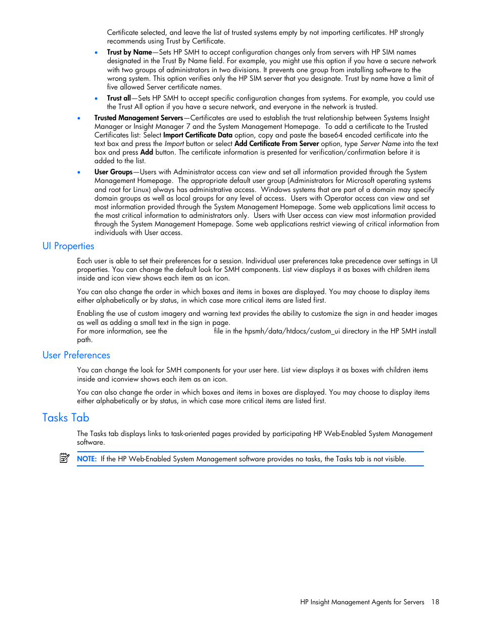 Ui properties, User preferences, Tasks tab | HP Insight Management Agents User Manual | Page 18 / 99