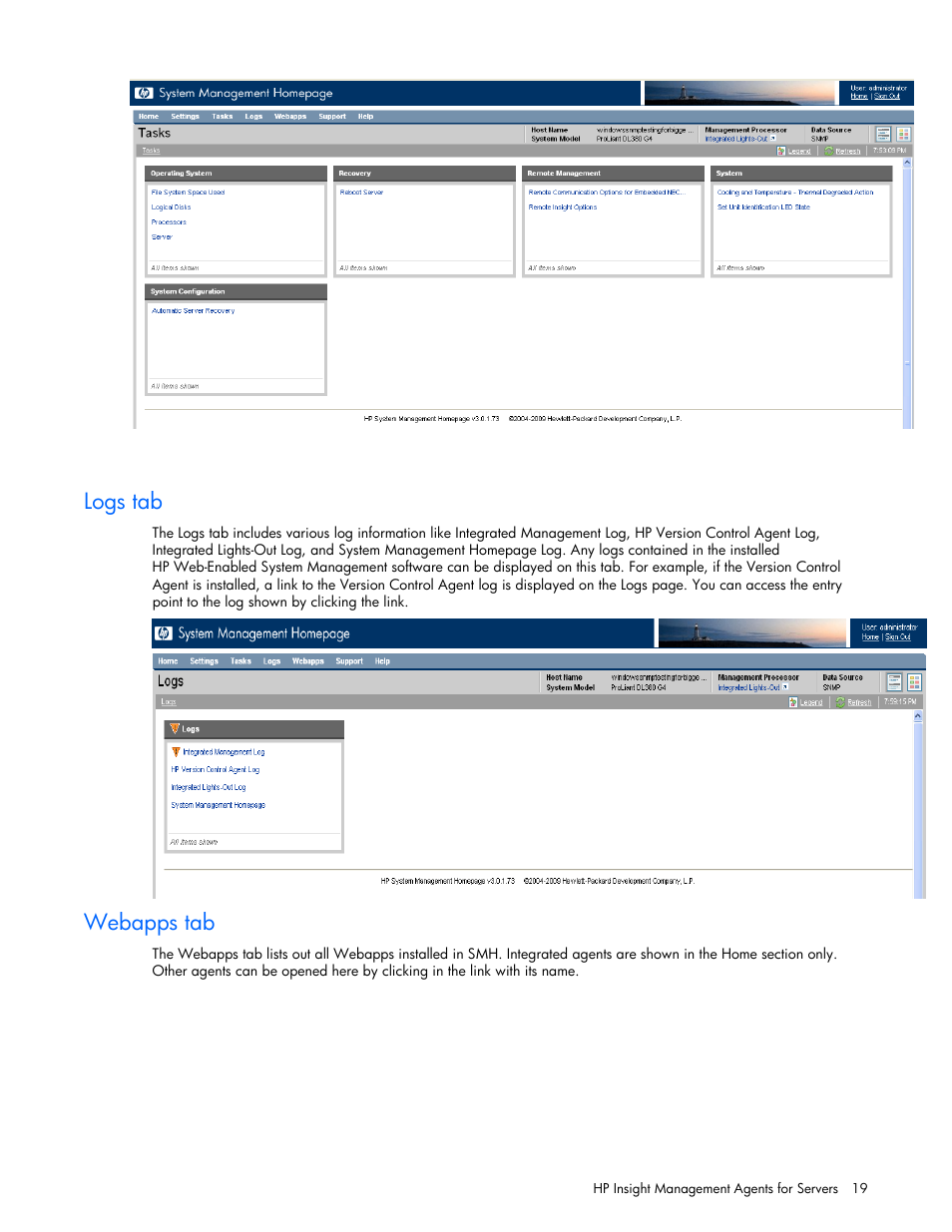 Logs tab, Webapps tab | HP Insight Management Agents User Manual | Page 19 / 99