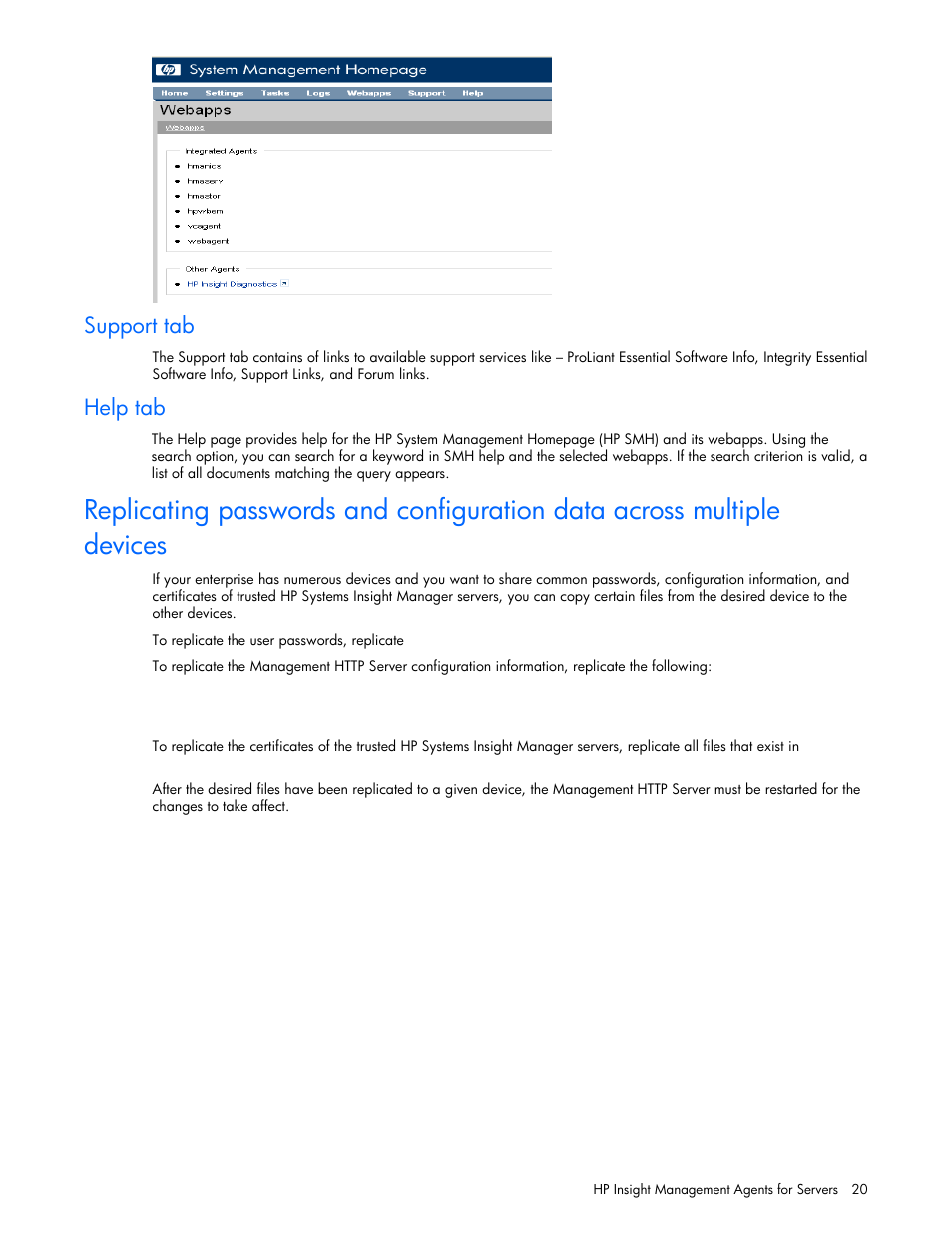 Support tab, Help tab | HP Insight Management Agents User Manual | Page 20 / 99